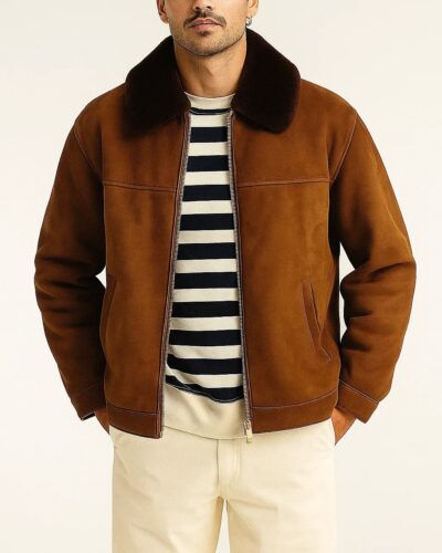 Tobacco Brown Lambskin Suede Jacket with Shearling Collar