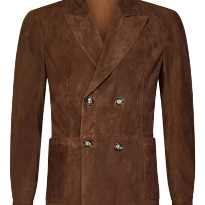 Tobacco Brown Suede Double-Breasted Blazer