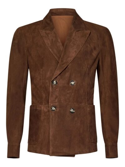 Tobacco Brown Suede Double-Breasted Blazer