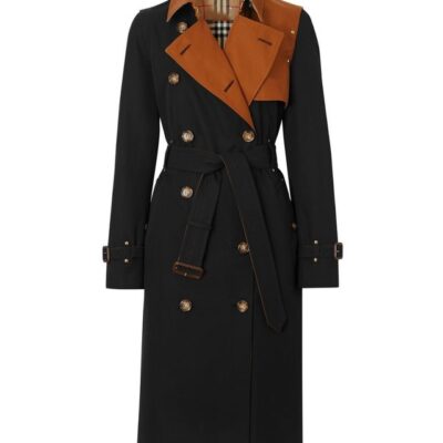 Women’s Two-Tone Cotton Trench Coat with Leather Collar