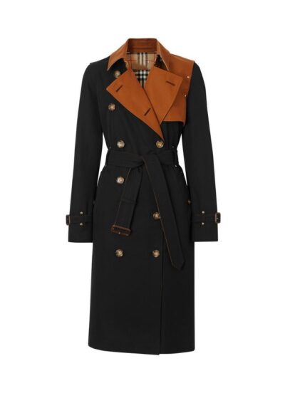 Women’s Two-Tone Cotton Trench Coat with Leather Collar