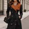 Women’s Two-Tone Cotton Trench Coat with Leather Collar