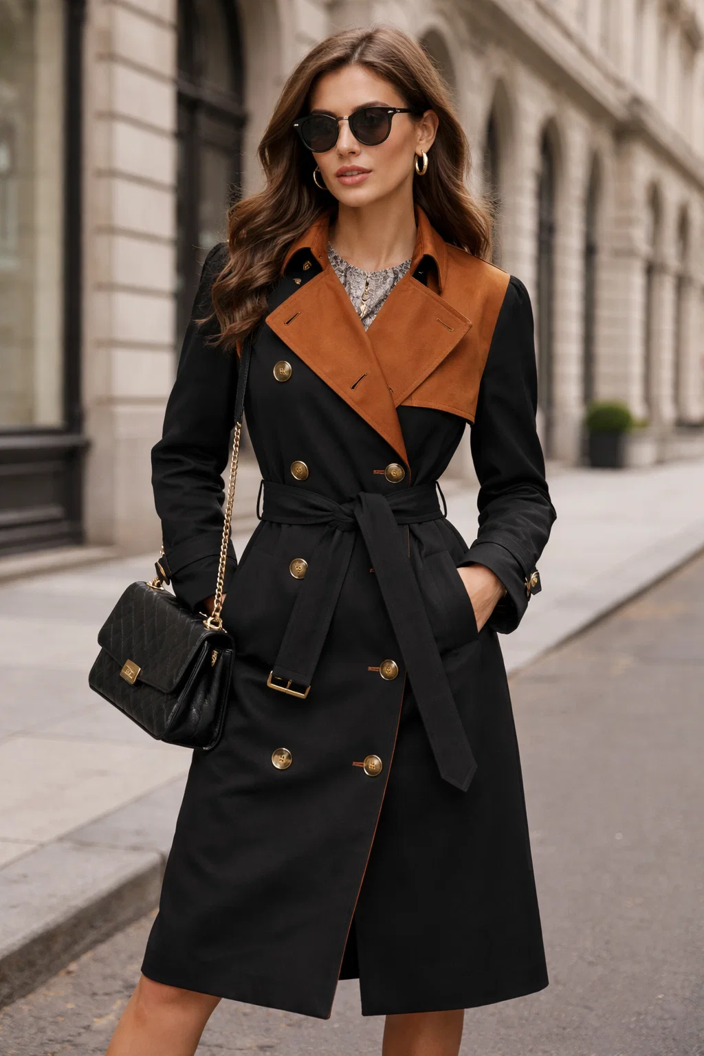 Women’s Two-Tone Cotton Trench Coat with Leather Collar