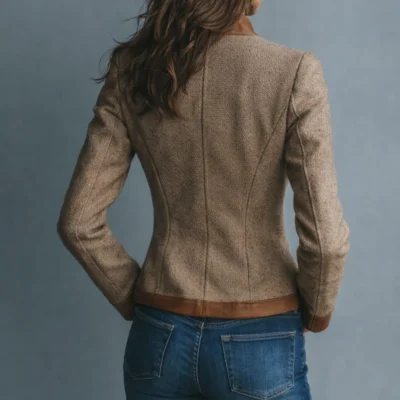 Women’s Tweed Jacket with Faux Leather Trim Vintage Style