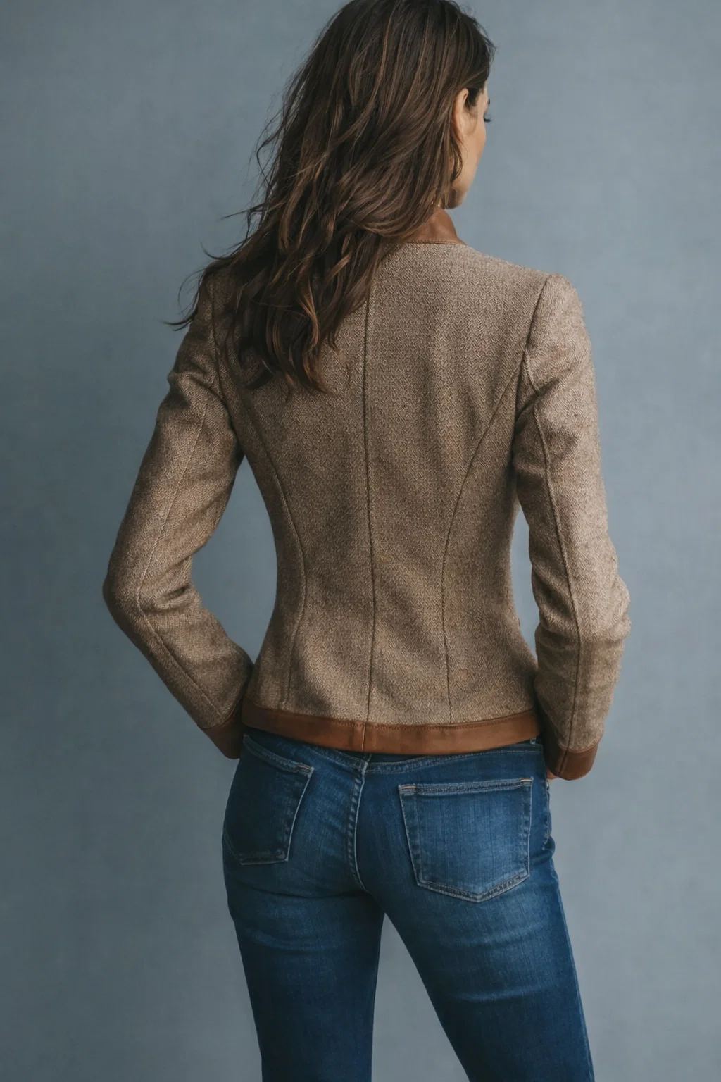 Women’s Tweed Jacket with Faux Leather Trim Vintage Style