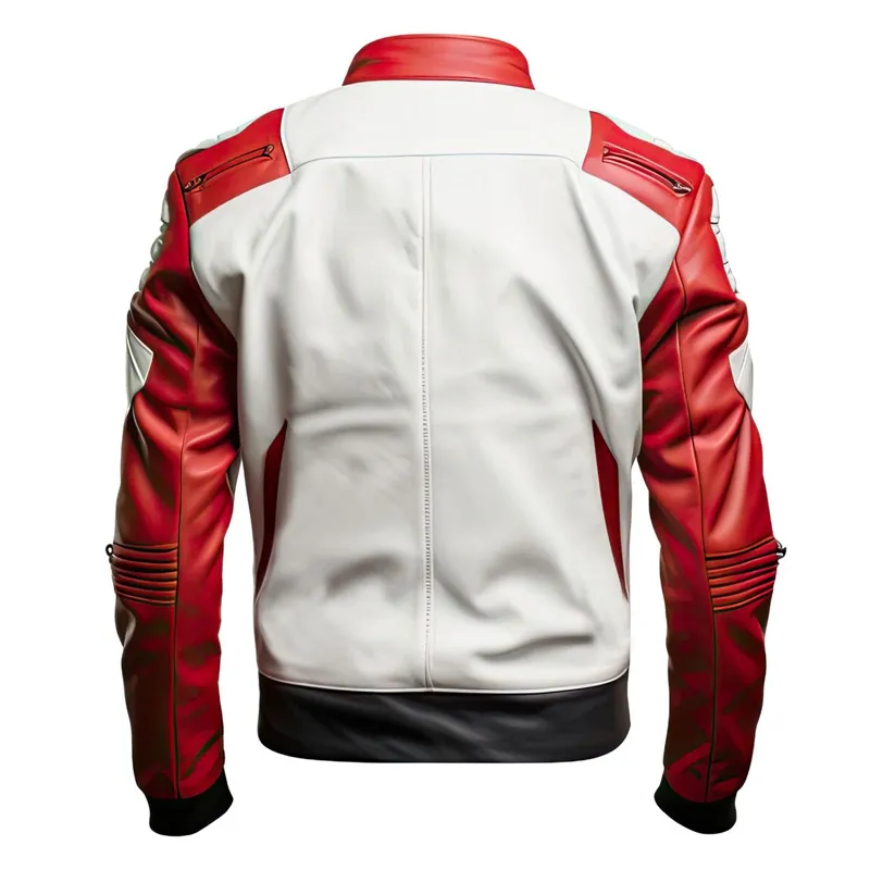 White & Red Street Racer Biker Leather Jacket for Men