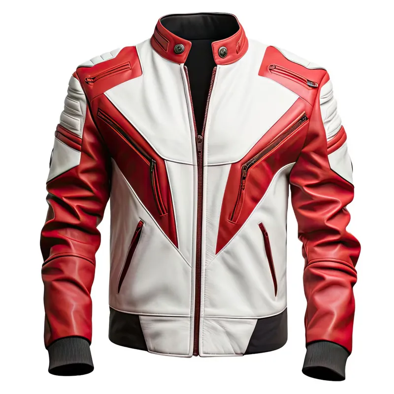 White & Red Street Racer Biker Leather Jacket for Men