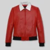 Women’s Red Shirt Collar Leather Jacket