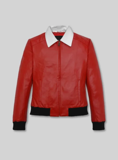 Women’s Red Shirt Collar Leather Jacket