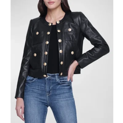 Women’s Sleek Collarless Black Leather Jacket