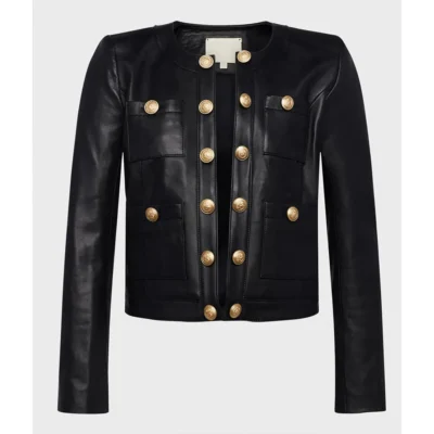 Women’s Sleek Collarless Black Leather Jacket
