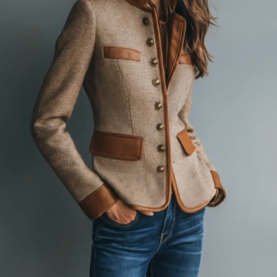 Women’s Tweed Jacket with Faux Leather Trim Vintage Style