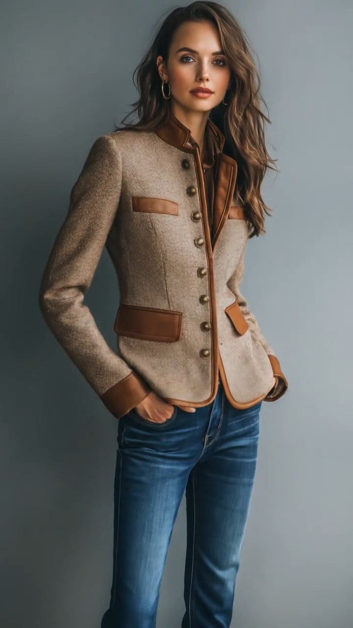 Women’s Tweed Jacket with Faux Leather Trim Vintage Style