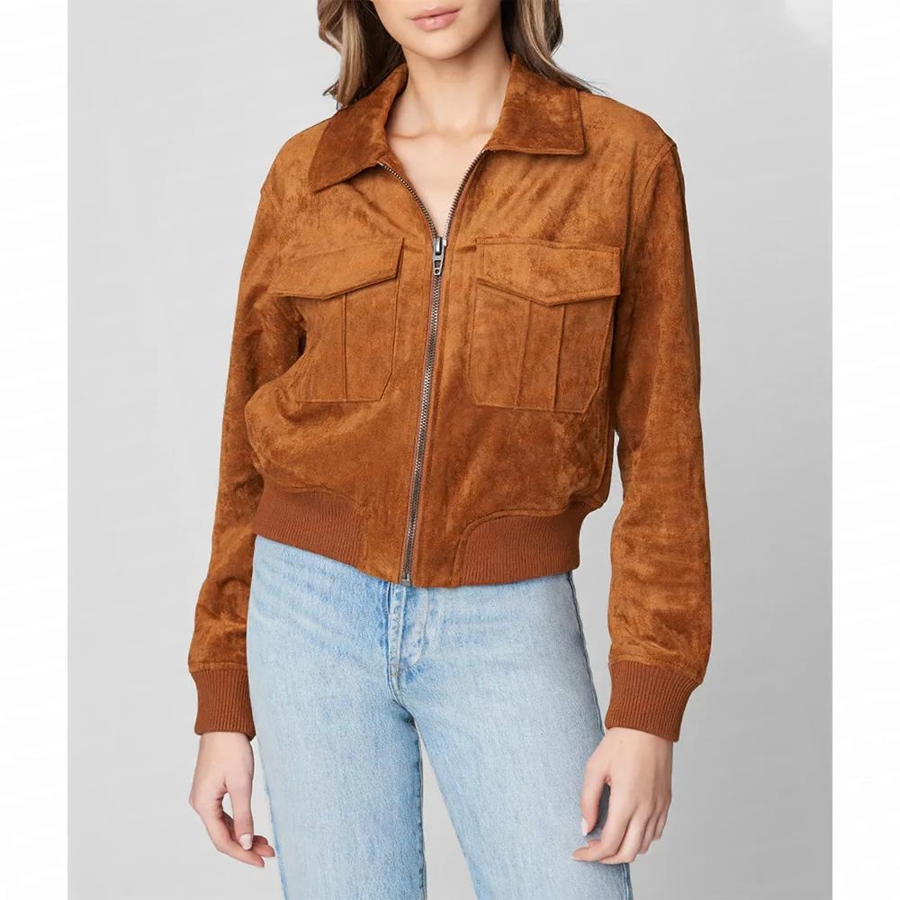 poker-face-natasha-lyonne-flight-suede-jacket front