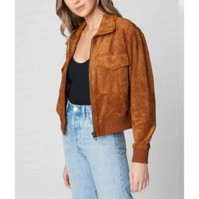 poker-face-natasha-lyonne-flight-suede-jacket side pose