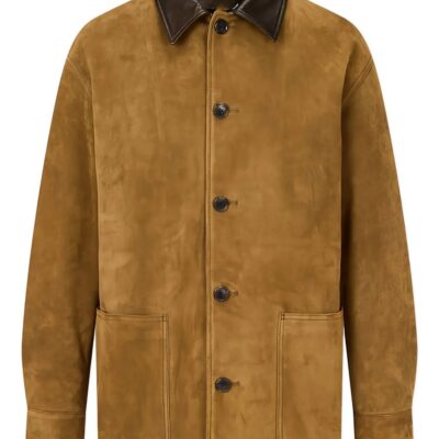 unisex Camel Contrast-Collar Suede Jacket