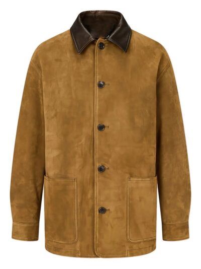 unisex Camel Contrast-Collar Suede Jacket