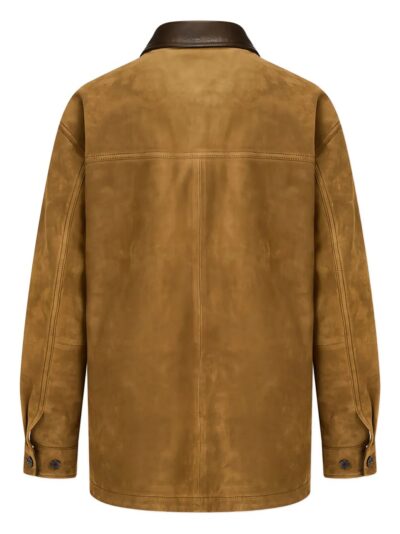 unisex Camel Contrast-Collar Suede Jacket