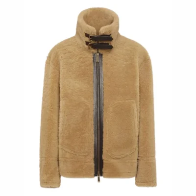 Beige Belted Collar Shearling Jacket