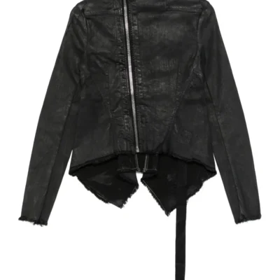 Black Distress Asymmetrical-Zip Jacket