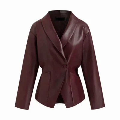 Button-Up Faux Leather Jacket with Collar and Elastic Waist