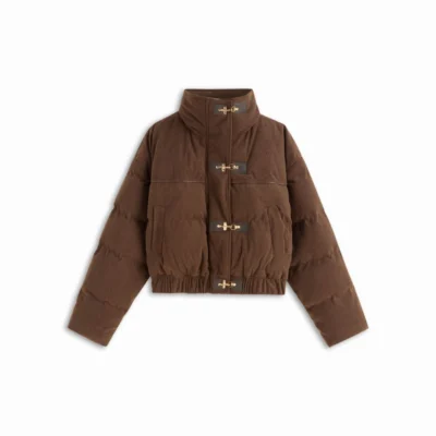 Corduroy Oversized Puffer Jacket with Metal Buckle and Zip