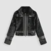 Cropped Faux Shearling Jacket with Leather Collar and Patches