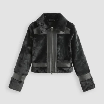 Cropped Faux Shearling Jacket with Leather Collar and Patches