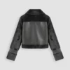 Cropped Faux Shearling Jacket with Leather Collar and Patches
