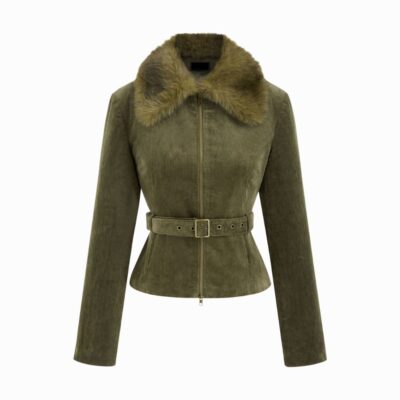 Faux Fur Collar Corduroy Belted Jacket