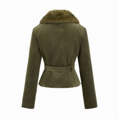 Faux Fur Collar Corduroy Belted Jacket
