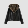 Hooded Faux Shearling Jacket with Leopard Lining