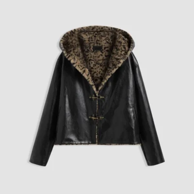 Hooded Faux Shearling Jacket with Leopard Lining