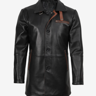 Men’s Real Leather Black Coat With Brown Detailing