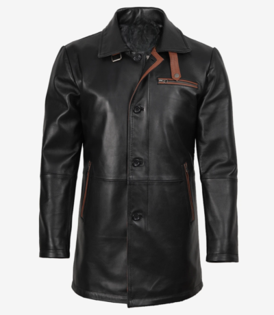 Men’s Real Leather Black Coat With Brown Detailing