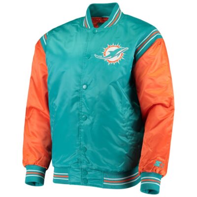 Miami Dolphins Starter Men's Aqua/Orange Enforcer Satin Varsity Full-Snap Jacket
