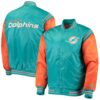 Miami Dolphins Starter Men's Aqua/Orange Enforcer Satin Varsity Full-Snap Jacket