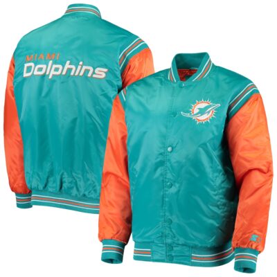 Miami Dolphins Starter Men's Aqua/Orange Enforcer Satin Varsity Full-Snap Jacket