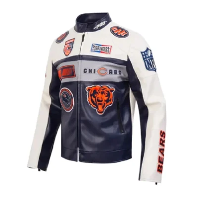 Moto Navy and White Chicago Bears Leather Jacket