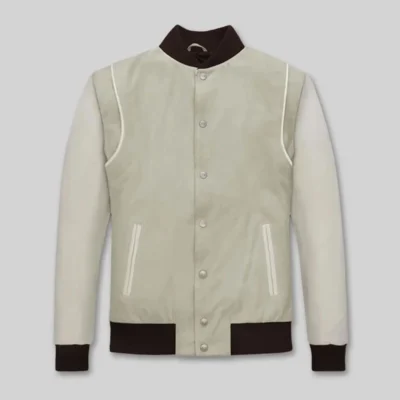 Premium Cream Beige & Noir Leather Varsity Jacket