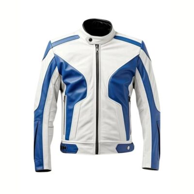 Premium White & Blue Lambskin Biker Jacket