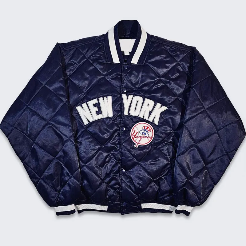 Quilted Satin New York Yankees Jacket in Navy