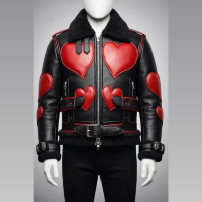 Red Heart Black Leather Shearling Jacket front