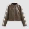 Stand Collar Faux Leather Jacket with Zippered Side Stripes