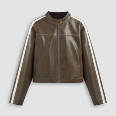 Stand Collar Faux Leather Jacket with Zippered Side Stripes