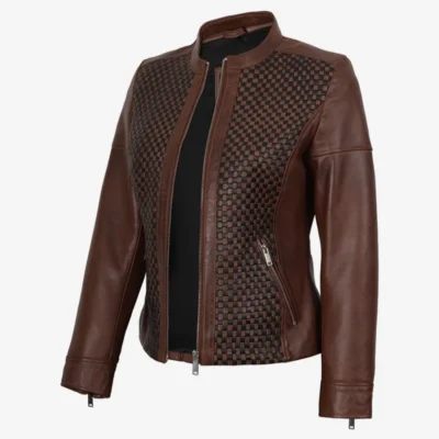 Textured Cognac Wax Women’s Leather Café Racer Jacket