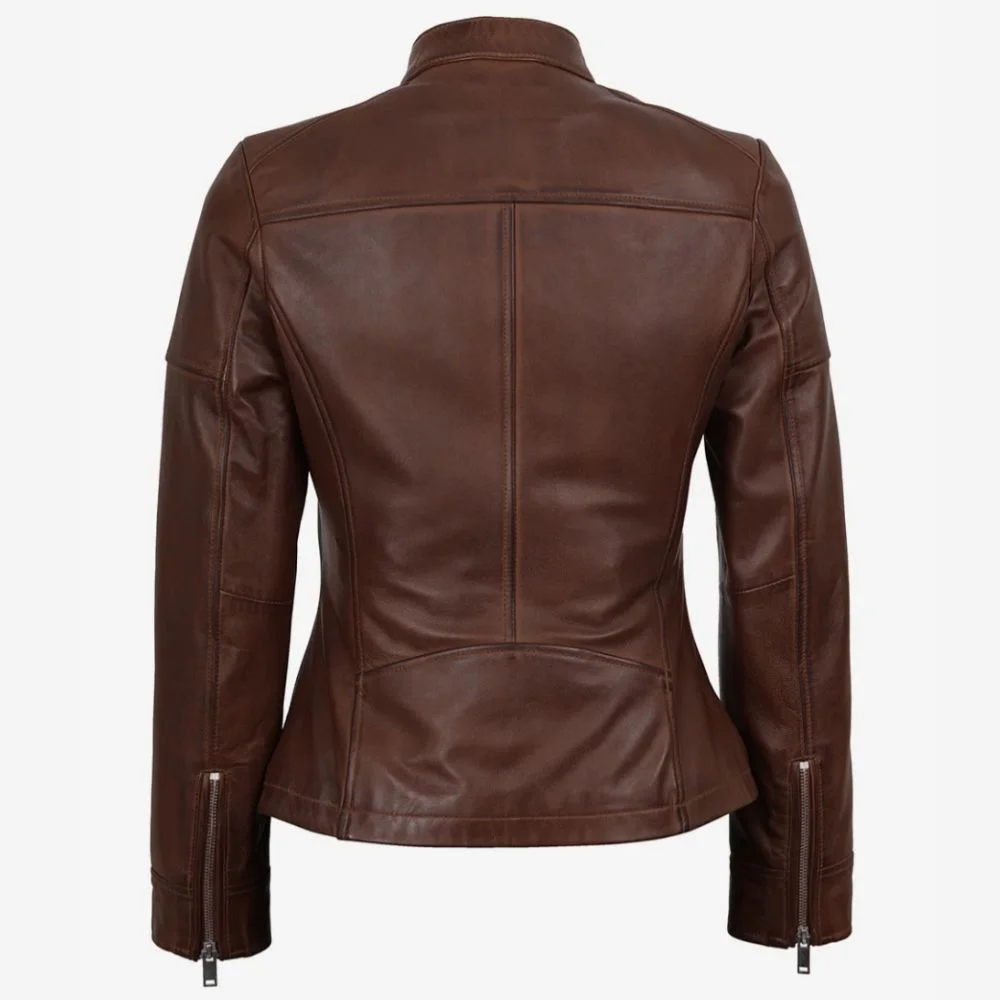 Textured Cognac Wax Women’s Leather Café Racer Jacket
