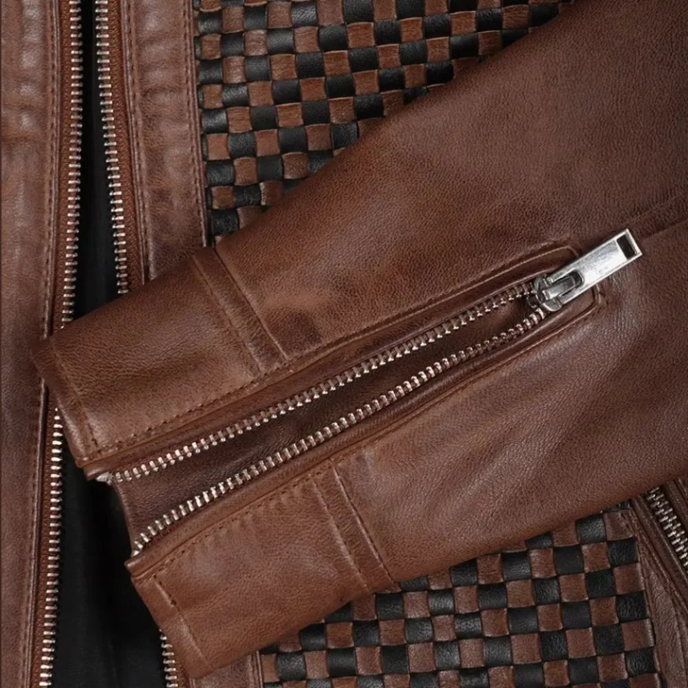 Textured Cognac Wax Women’s Leather Café Racer Jacket