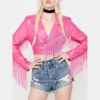 The Voice Season 27 Hailey Wright Pink Leather Cropped Fringe Moto Jacket