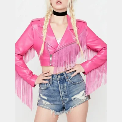 The Voice Season 27 Hailey Wright Pink Leather Cropped Fringe Moto Jacket